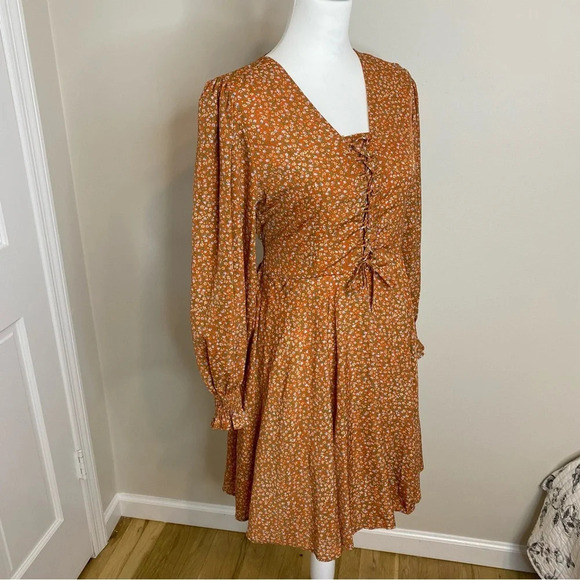 NWT floral brown orange front tie up detail long sleeve midi dress Cotta… - Picture 5 of 10
